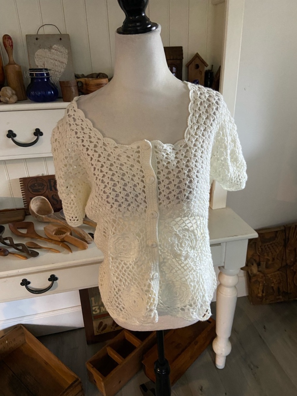 Crochet Button-Front Short Sleeve Top - Cream